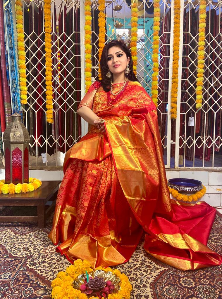 Straw Brown Banarasi Woven Printed Silk Saree – MySilkLove